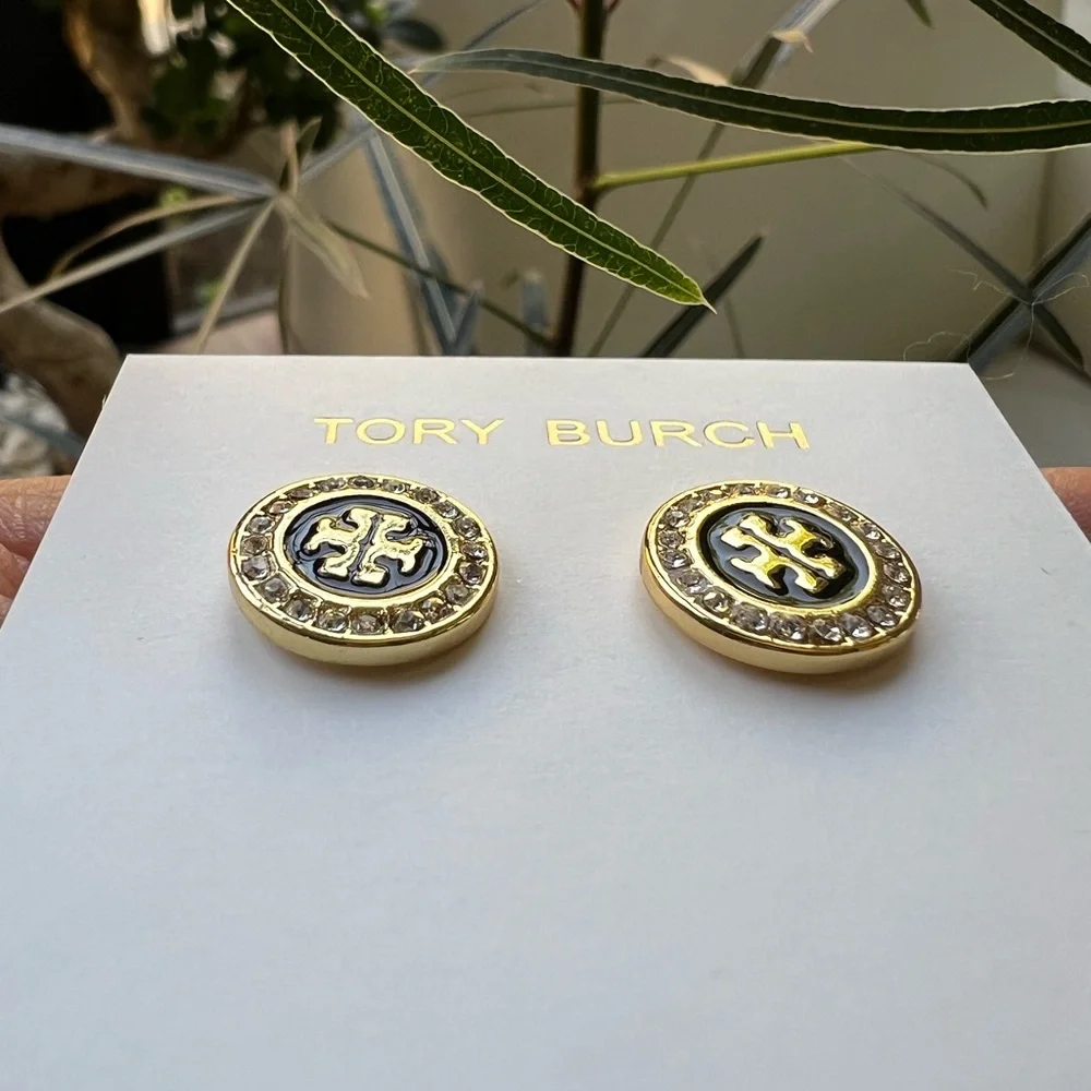 Tory Burch Black and Gold Crystal Stud Earrings